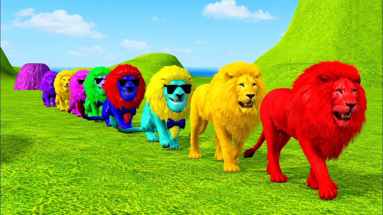 Color Animals Lion Cartoon Cute Wild Lions Fountain Crossing Animal Cartoon