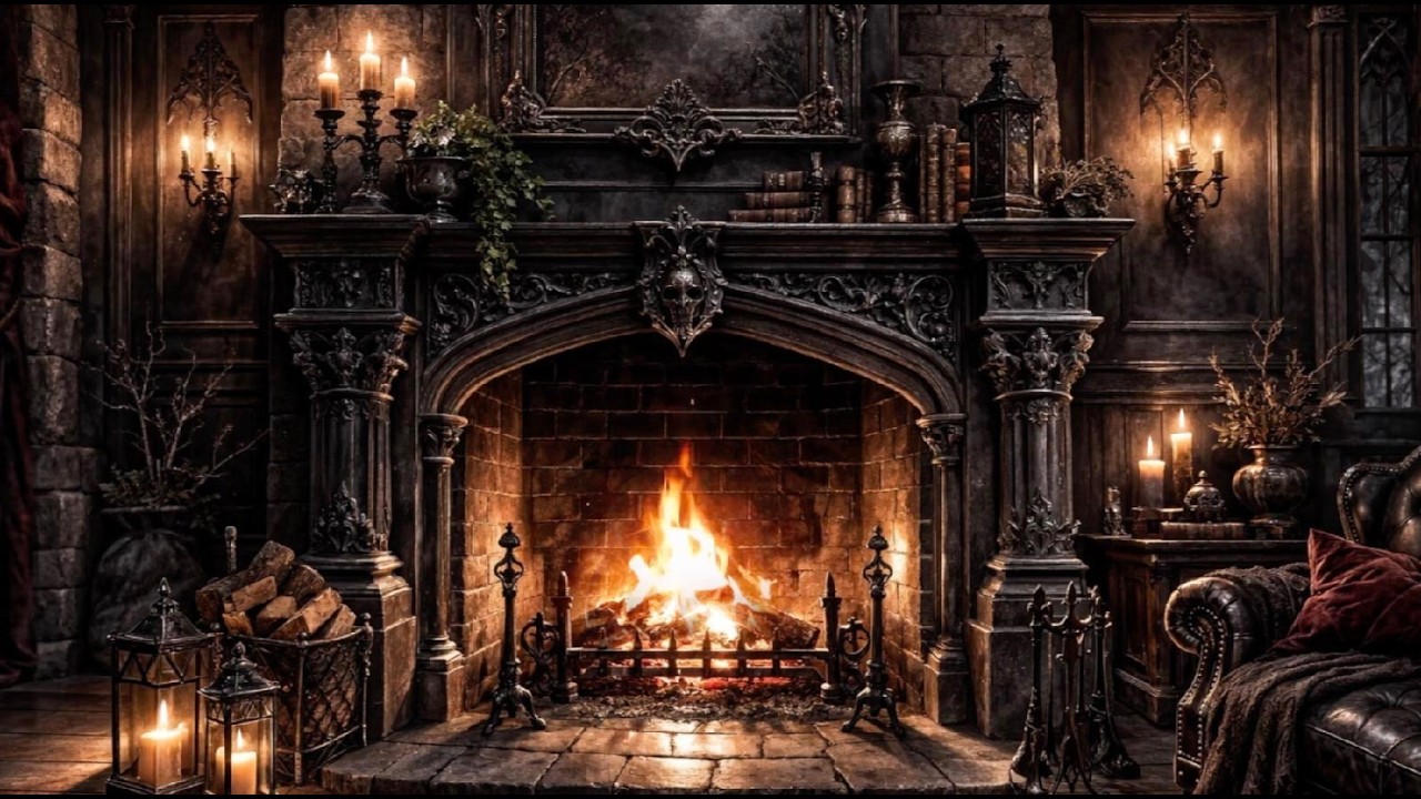 Dark Gothic Fireplace Ambience 🕯️ Medieval Castle Study at Night | Crackling Fire Sounds (No Music)