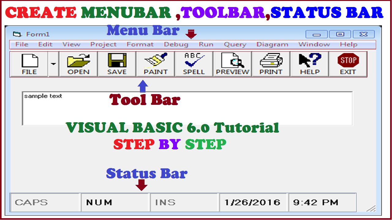 Create Tool Bar,Status Bar and Menu Bar using Visual Basic 6.0-Step By Step Visual Basic Tutorial