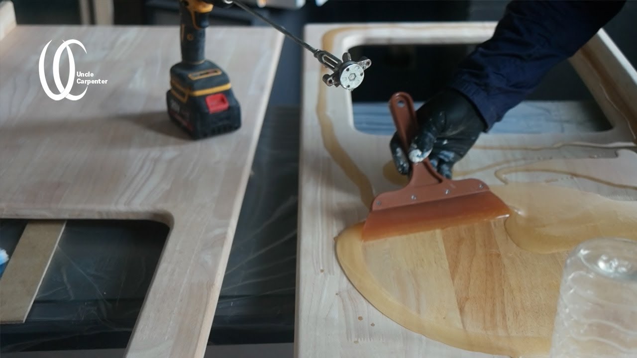How to DIY a wooden kitchen countertop with resin work.