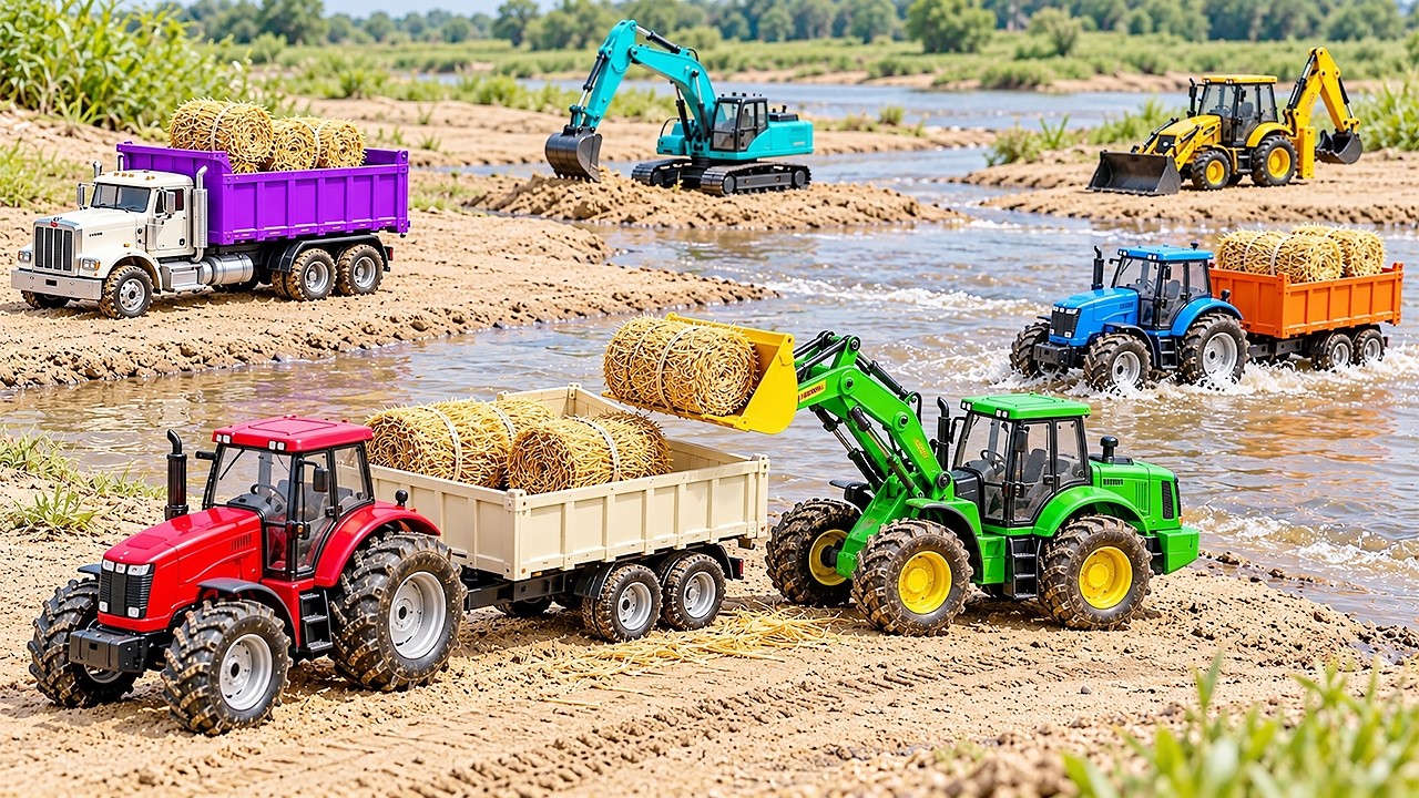 JCB video | John Deere Loader Loading Hay Bales Massey Ferguson Tractor beside River | tractor gadi