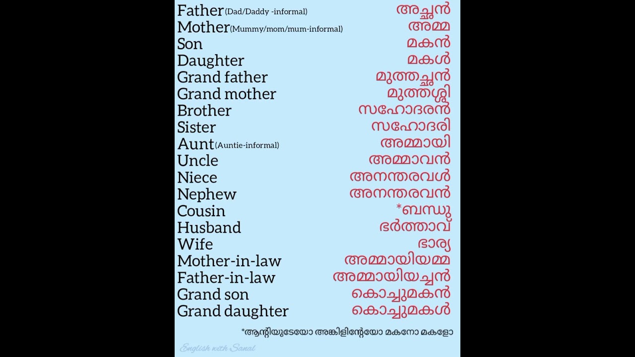 Learn English through Malayalam | Vocabulary for family and relationships