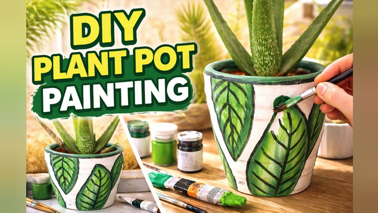 Beautiful leaf painted pot, renew old plant pot 