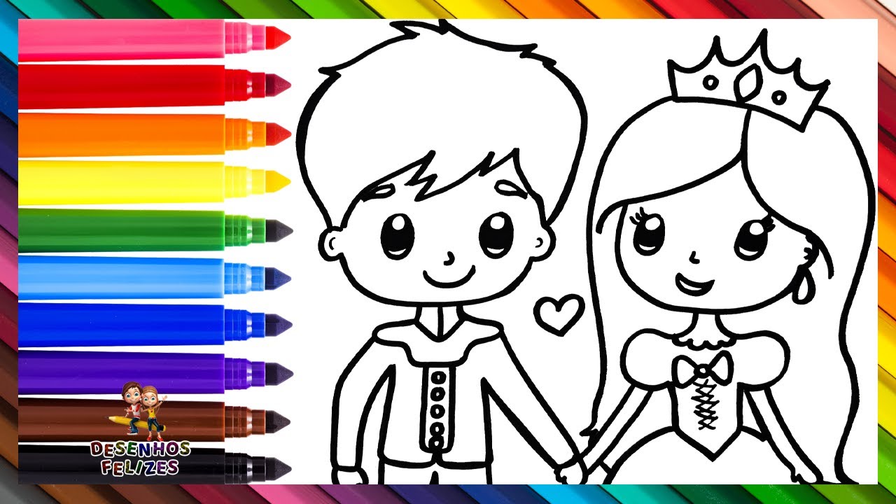 Desenhar E Colorir uma Princesa e um Príncipe 👸💗🤴🌈 Desenhos Para Crianças