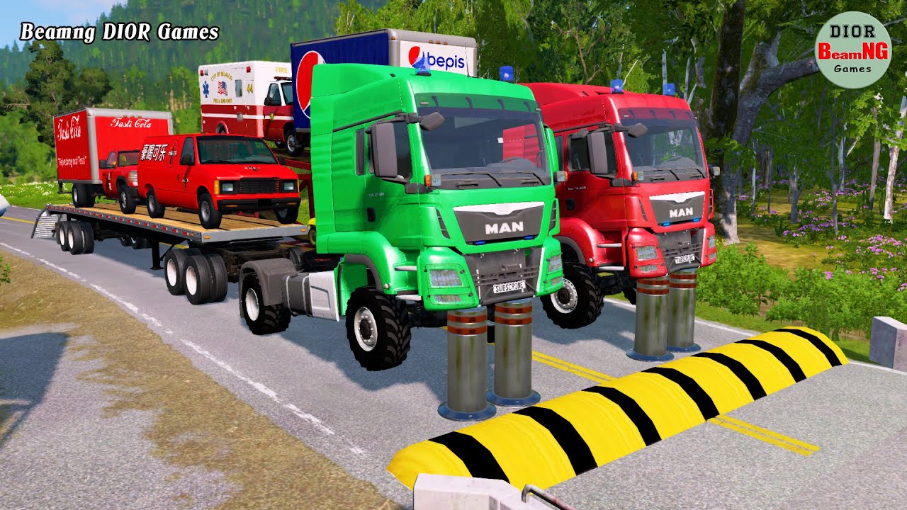 Double Flatbed Trailer Truck vs speed bumps|Busses vs speed bumps|Beamng Drive|239
