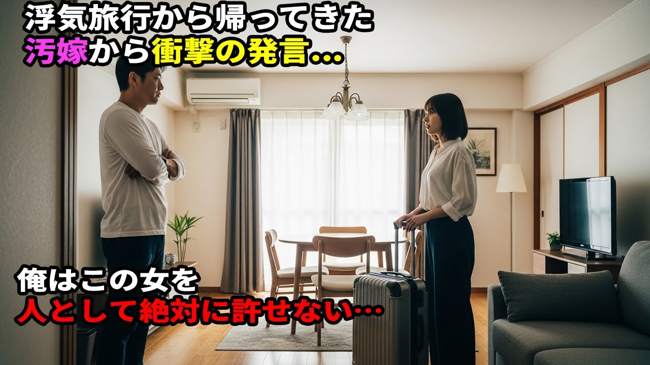 浮気旅行から帰宅した汚嫁の口から飛び出した衝撃の一言…。俺は、この女を人として決して許せないと悟った…。