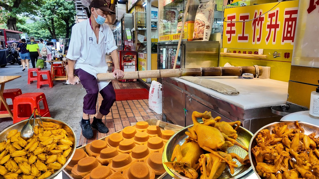 中國廣州漫食之旅，手工竹升麵做法奇特，古法布拉腸經典美味，10元1斤純土鷄蛋無水蛋糕堪稱平靚正，“老廣食堂”名不虛傳