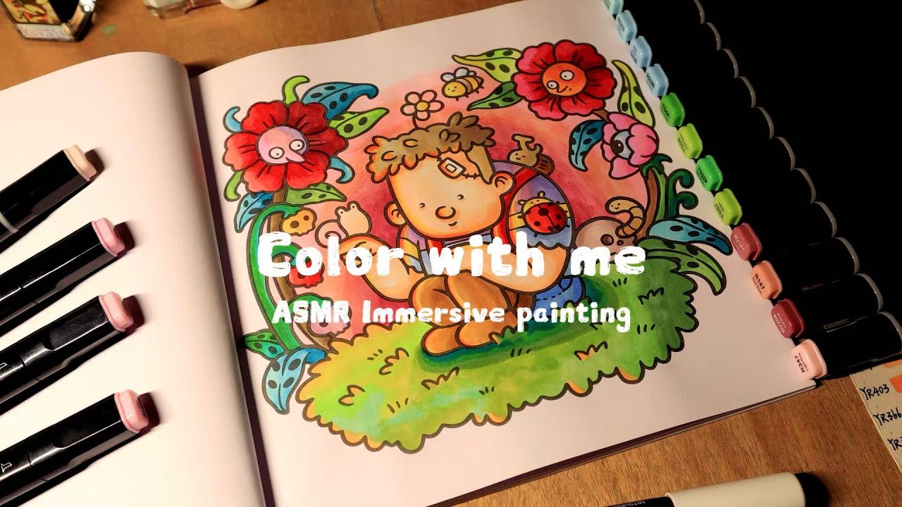 Flower bunch hiding curly-haired boy「Alcohol markers」no music｜no talking｜Color Book｜ASMR