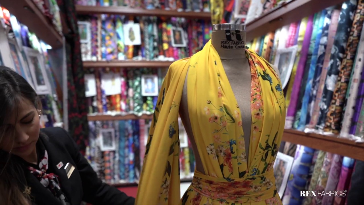 New Mannequin. High Fashion dress with a floral printed Silk Crepe de Chine fabric. Fabrics Miami.