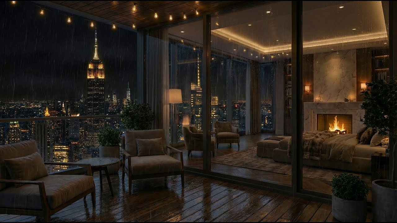 Relax on a quiet New York City balcony as soft rain falls across the skyline and warm fireplace