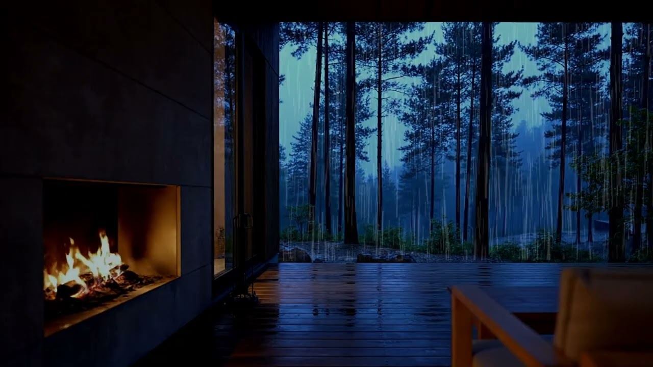 Rainy Night at Cabin Deck - Rain Against Glass & Fireplace 3 Hours for Sleep and Focus