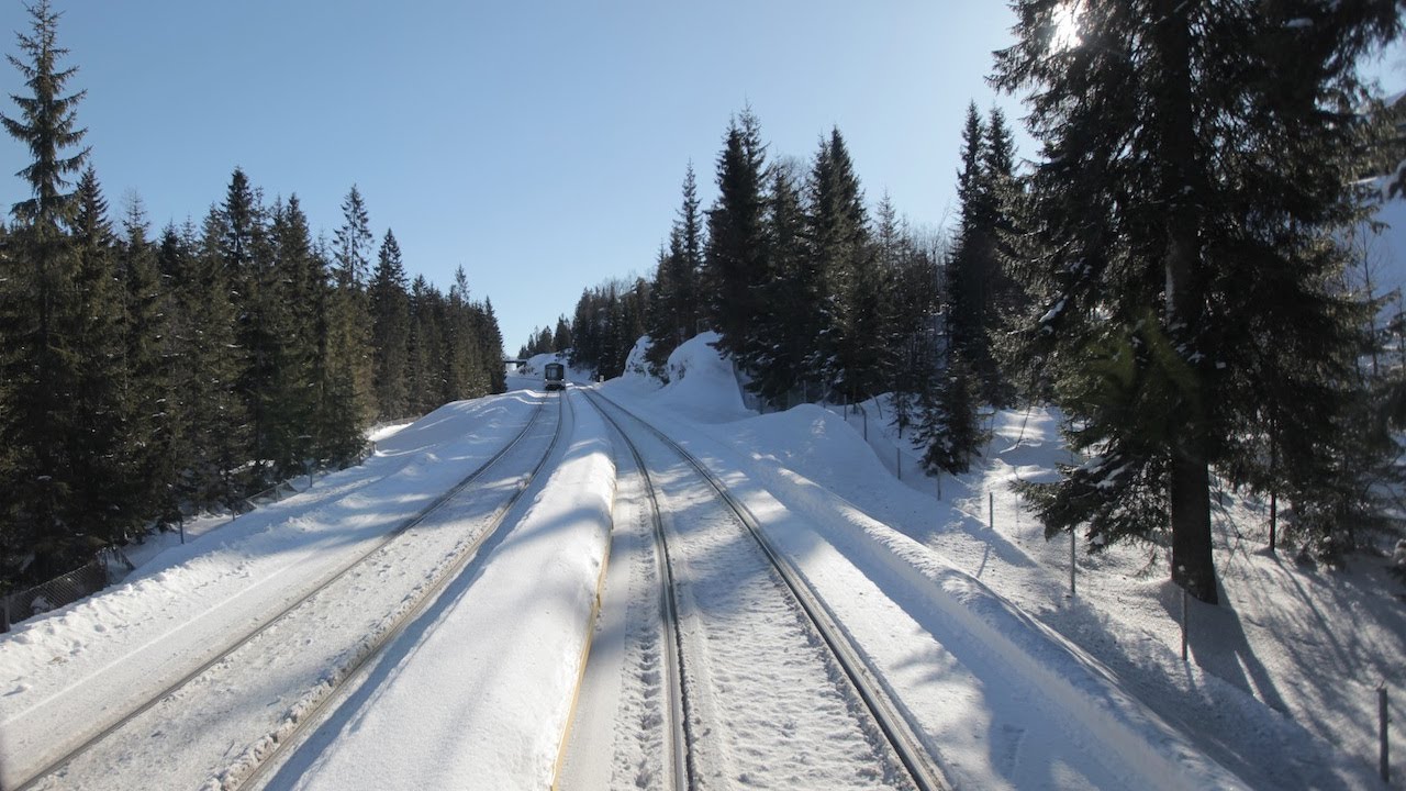 Oslo tram ride cab view. Holmenkollen Line in Oslo, Norway.