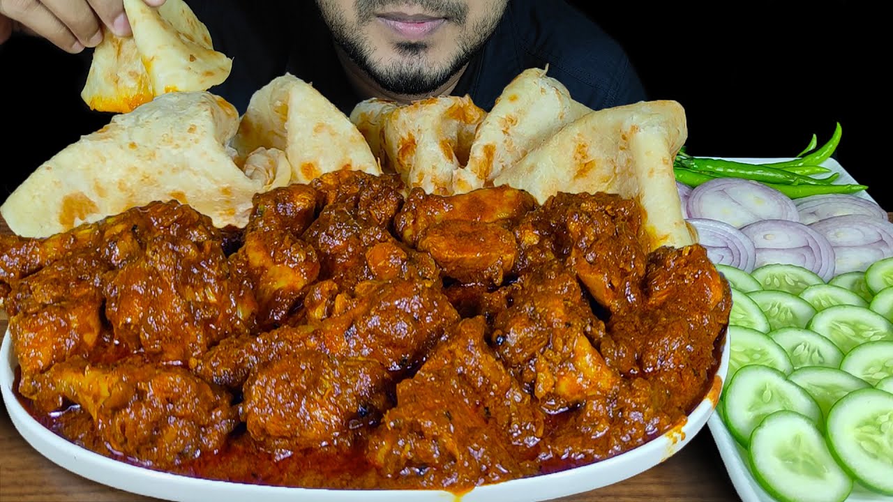 EATING PARATHA WITH SPICY CHICKEN MASALA, CHILI,ONION,CUCUMBER | MUKBANG EATING SHOW | EATING SOUNDS