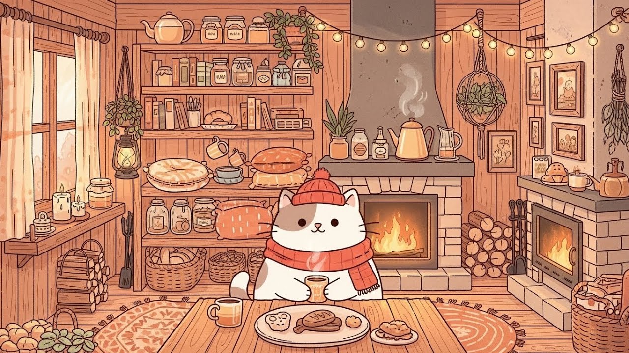 Pusheen's Cozy Fireplace Baking 🔥 Winter Lofi ❄️ Soft Lofi Beats for Holiday Study & Calm