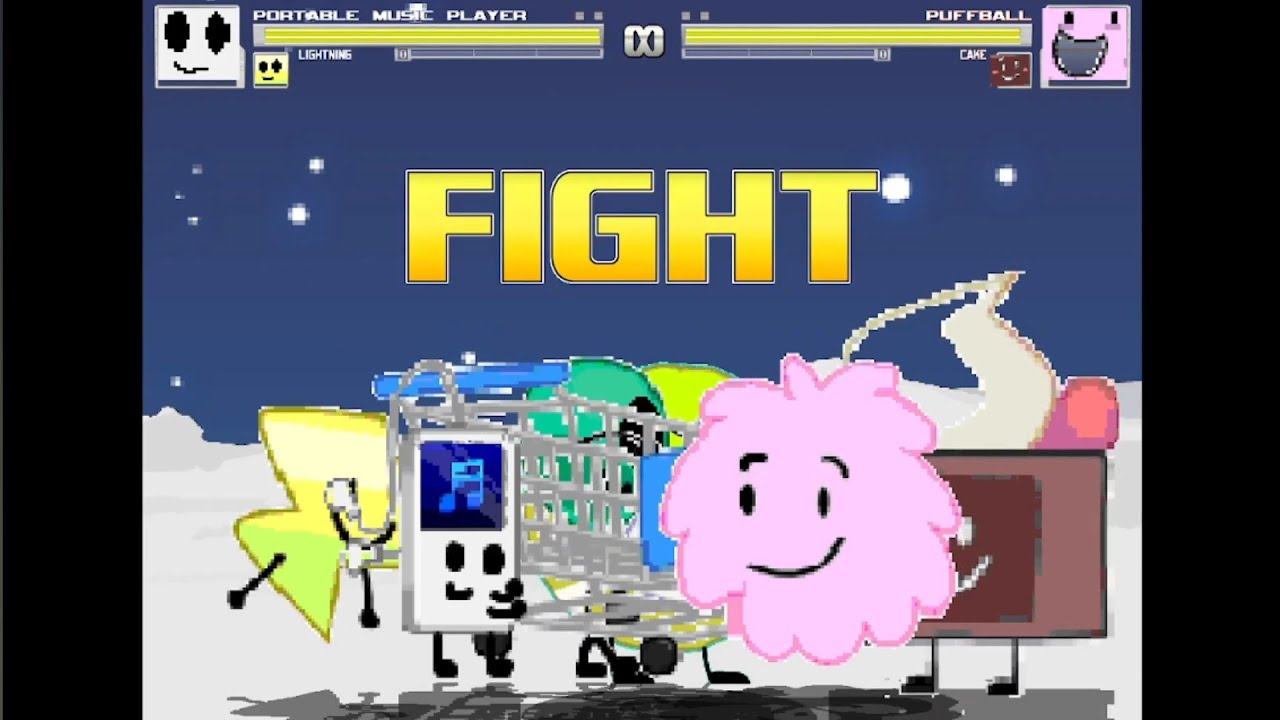 PMP, Lightning, Shopping Cart & Balloony vs. Puffball, Cake, Cloudy & Tennis Ball - BFDI | M.U.G.E.N