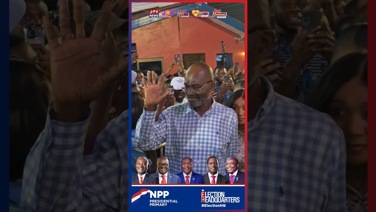 Kennedy Ohene Agyapong arrives at NPP HQ with family ahead of presidential primaries results.