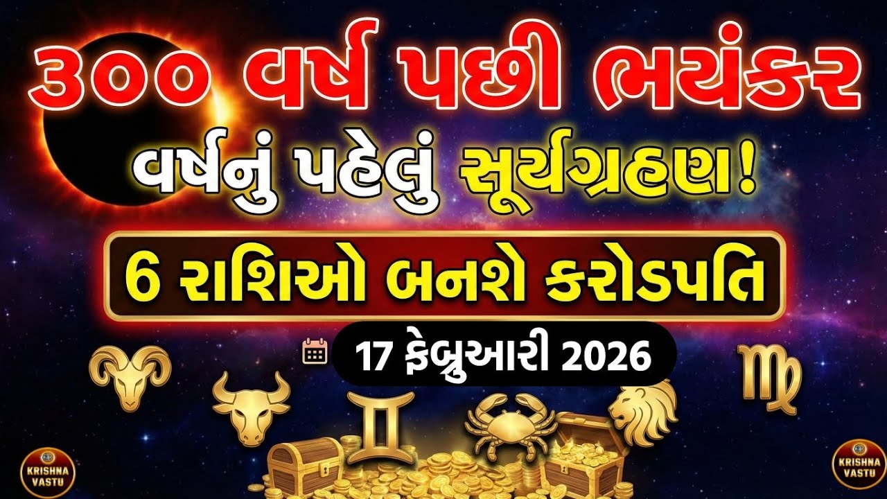 ૧૭ ફેબ્રુઆરી ૨૦૨૬: ૩૦૦ વર્ષ પછી મહાસૂર્યગ્રહણ! આ ૬ રાશિઓ રાતોરાત બનશે કરોડપતિ. રાજા જેવું જીવન જીવશે