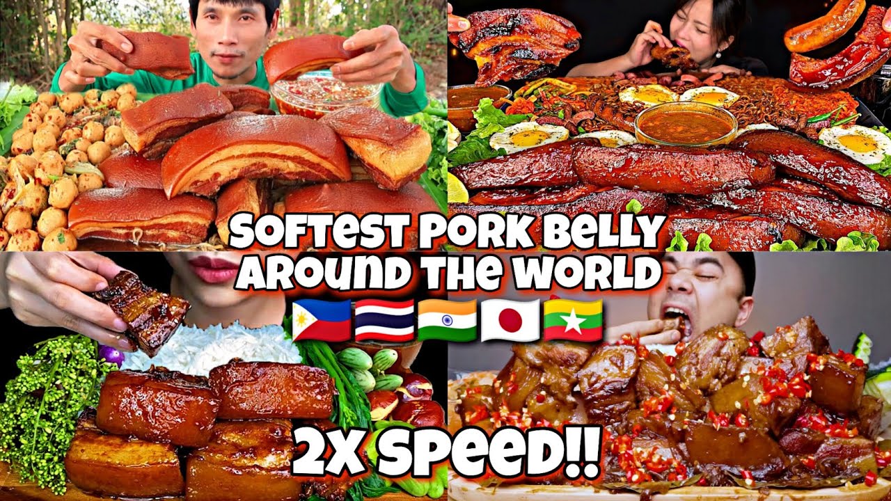 2x speed!!🔥How MUKBANGERS AROUND THE WORLD eats PORK BELLY 🇵🇭🇮🇳🇹🇭🇯🇵🇳🇵 Fast Motion ASMR Compilations