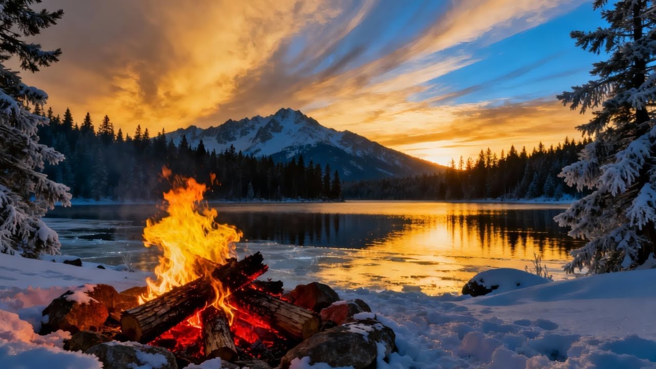 Soothing Campfire by Winter River 🔥 Snow Covered Forest & Gentle Fire Sounds for Relaxation