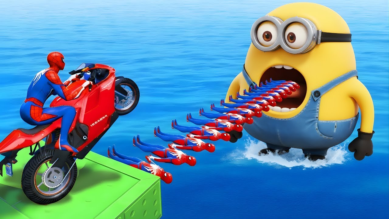 سبايدر مان اصعب دراجة نارية فوق اسماك القرش Superheroes Ride on Motorcycle Stunt Funny Games???