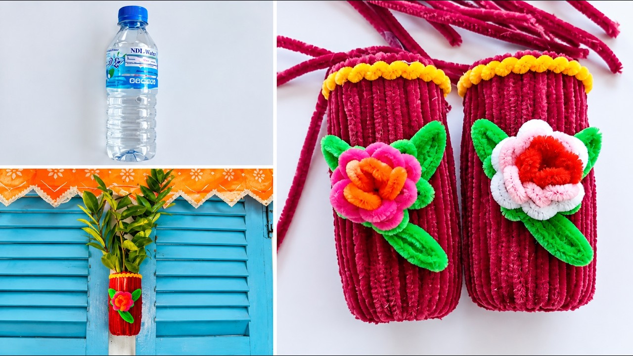 How to make a wall hanging flower vase from a water bottle with a pipe cleaner