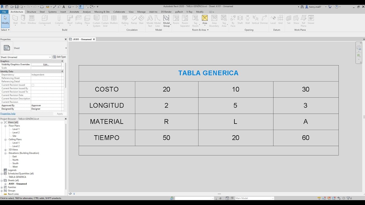 REVIT TABLA GENERICA NO ASOCIADA AL MODELO