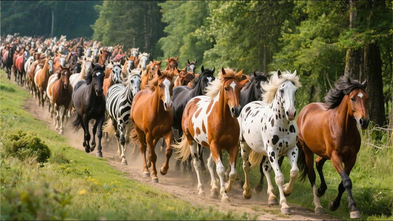 Large, colorful horses in a cool, green pine forest - Horse neighing sounds - Horse videos
