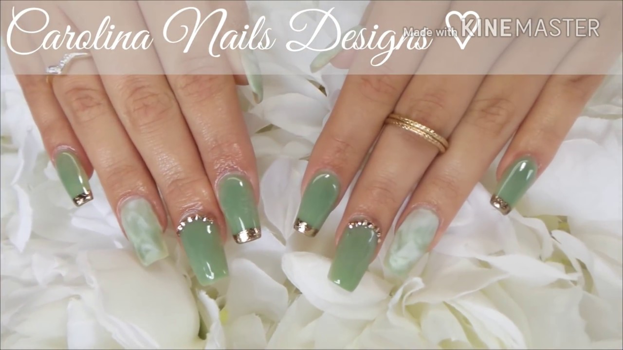 Jade acrylic nails, Marble nails.