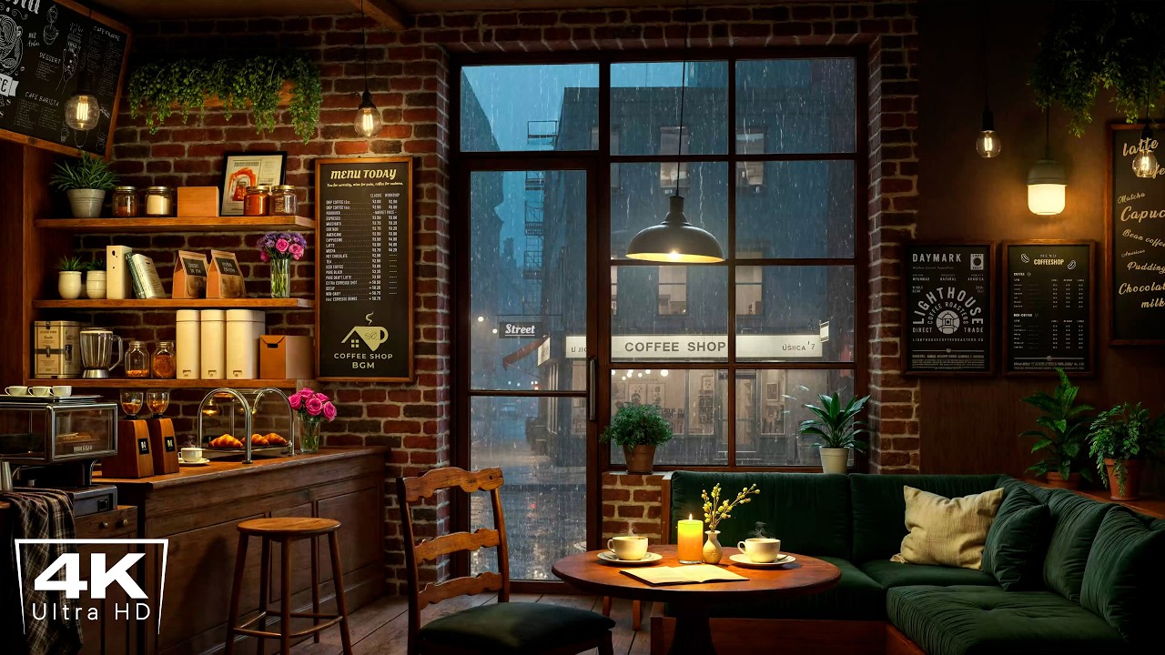 [4K] A Rainy Night in Cozy Coffee Shop ❄ Smooth Jazz Background Music to Relax, Study & Work