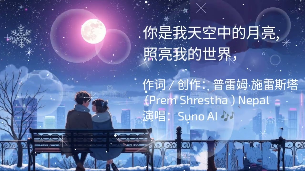 你是我天空中的月亮，照亮我的世界，You are the moon in my sky, lighting up my world,
