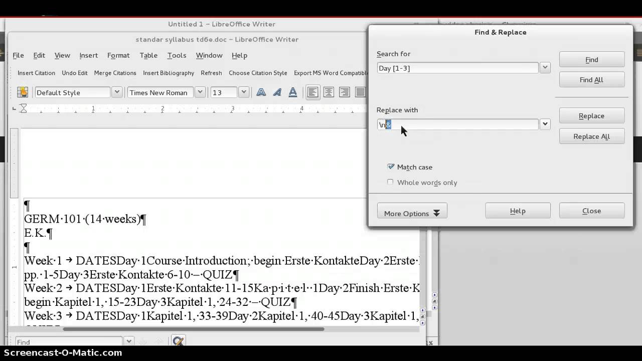 LibreOffice: Use RegEx search-and-replace to format text for conversion to tables