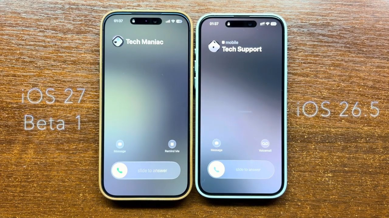 iOS 27 Beta 1 kontra iOS 26 5 &ndash; połączenia przychodzące odblokowane i zablokowane. iPhone 17 Pro ...