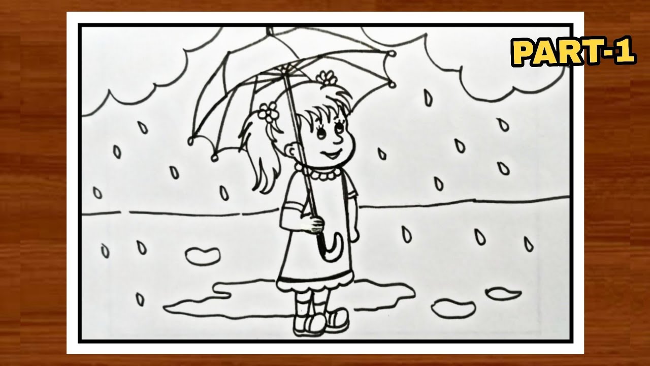 Rainy Season Scenery Drawing| How To Draw A Cute Girl With Umbrella In Rainy Season|Part-1