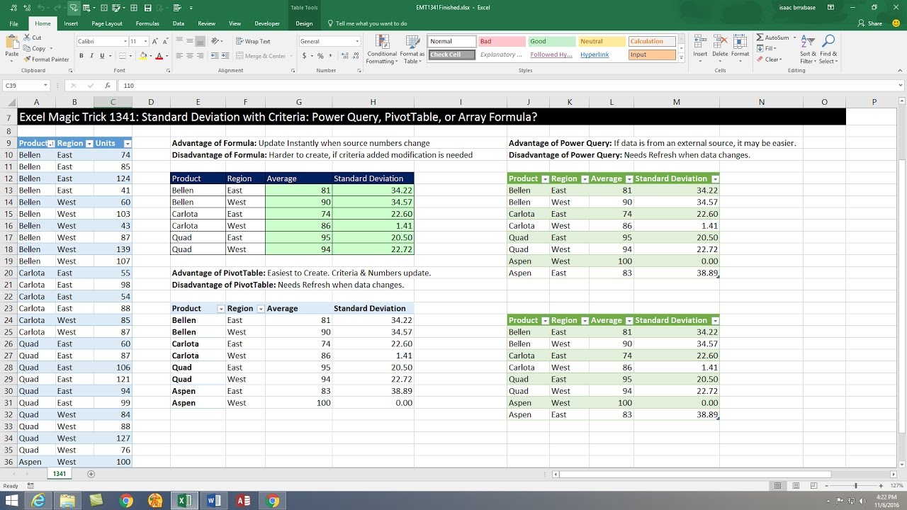 Excel Magic Trick 1341: Standard Deviation with Criteria: Power Query, PivotTable, or Array Formula?