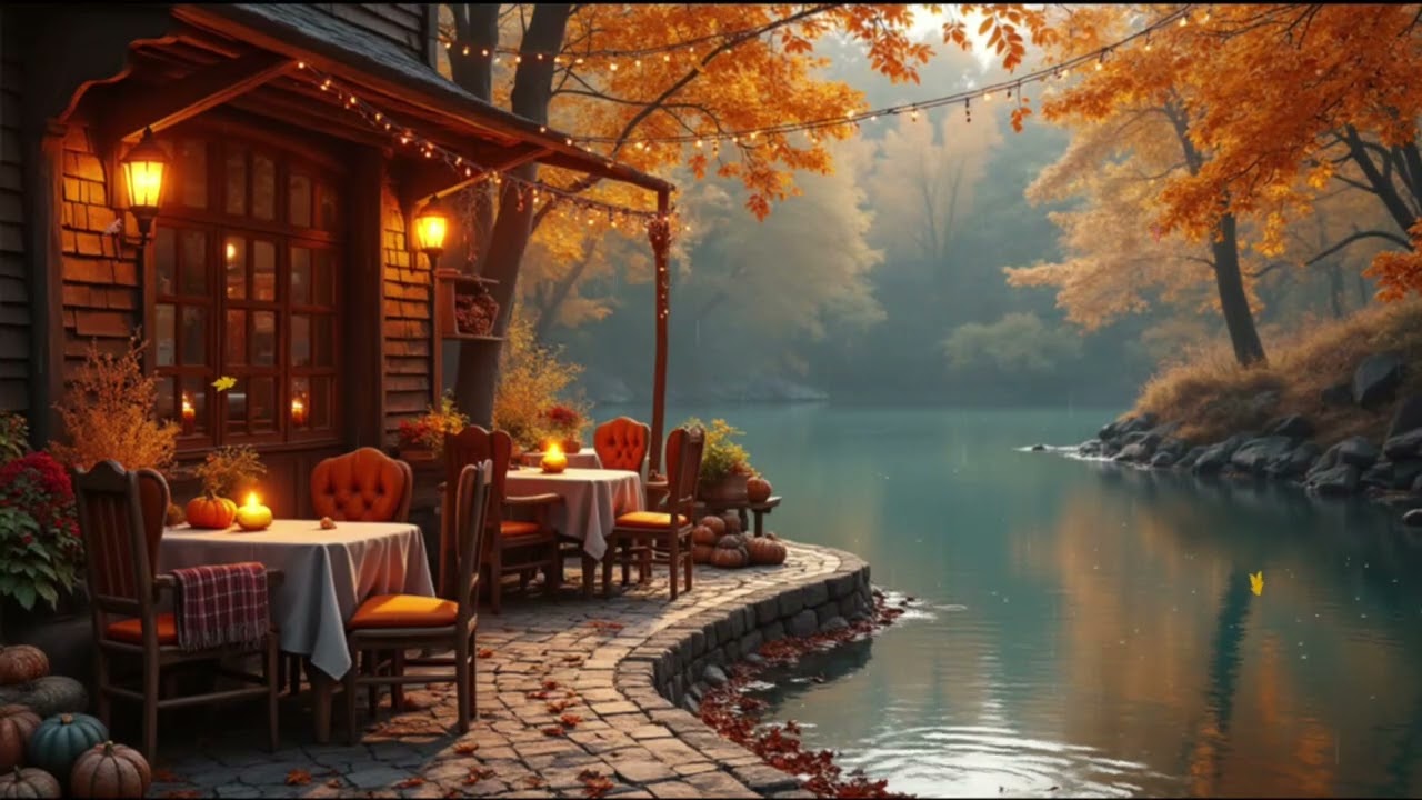 Autumn Coffee Shop Ambience | Cozy Rain Sounds and Piano Music