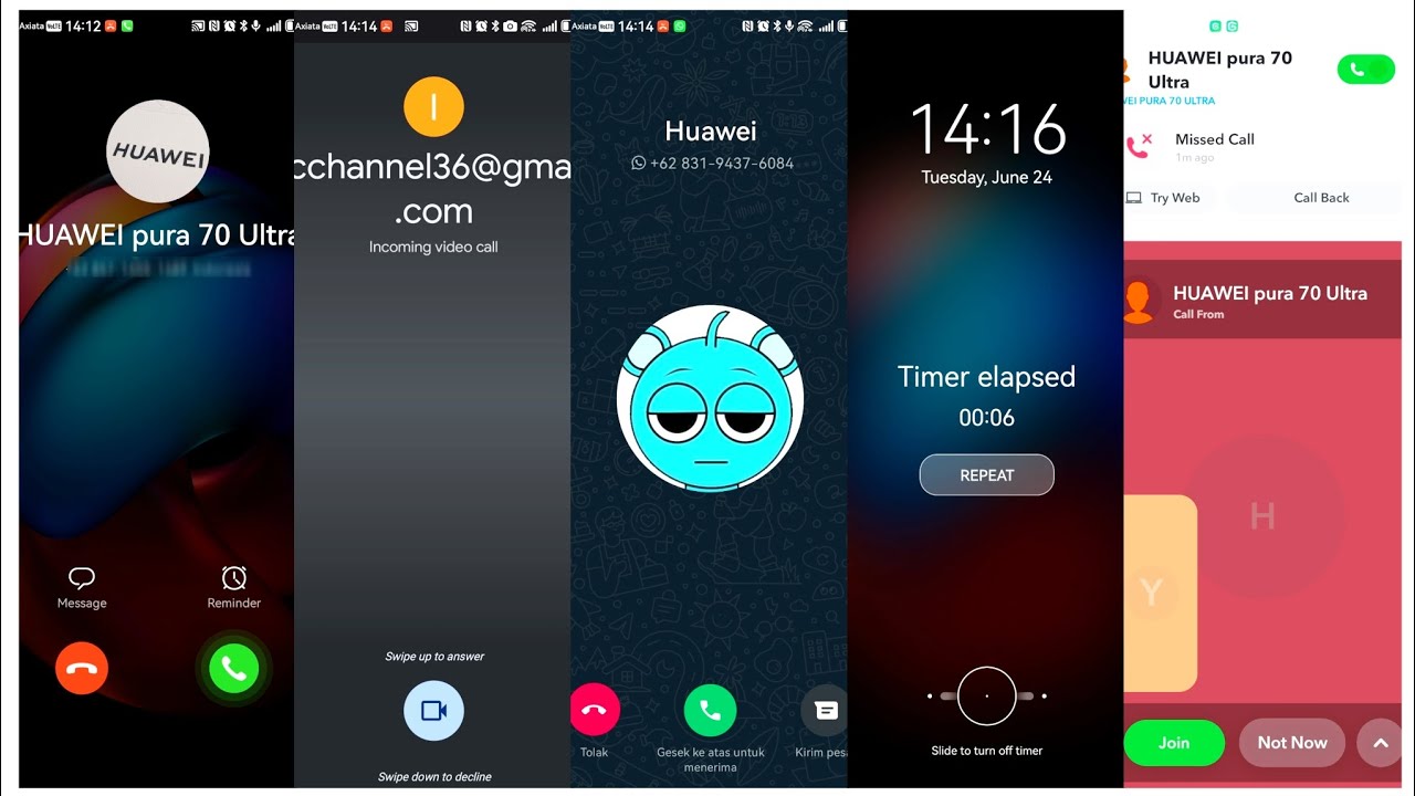 Google meet+WhatsApp+timer+Snapchat+default call in HUAWEI pura 70 ultra (incoming call)