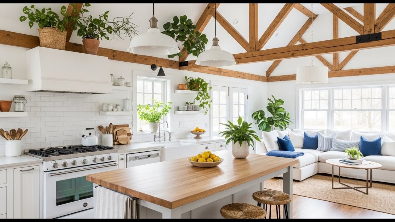 Modern kitchen, white cabinets, wooden ceiling beams, white subway tile backsplash, stainless steel