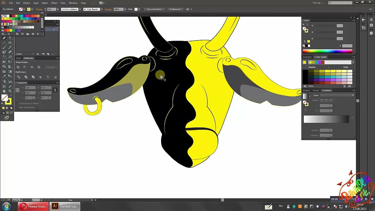 Чёрно Золотой бык. Black gold bull of the sun and solar eclipse. Abstraction