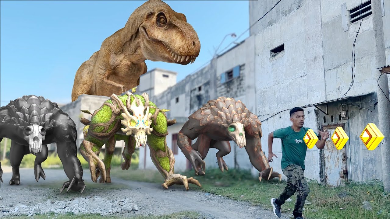 Temple Run Blazing Sands And Lost Junggle In Real Life | Trio Temple Run And T-rex chase jurassic