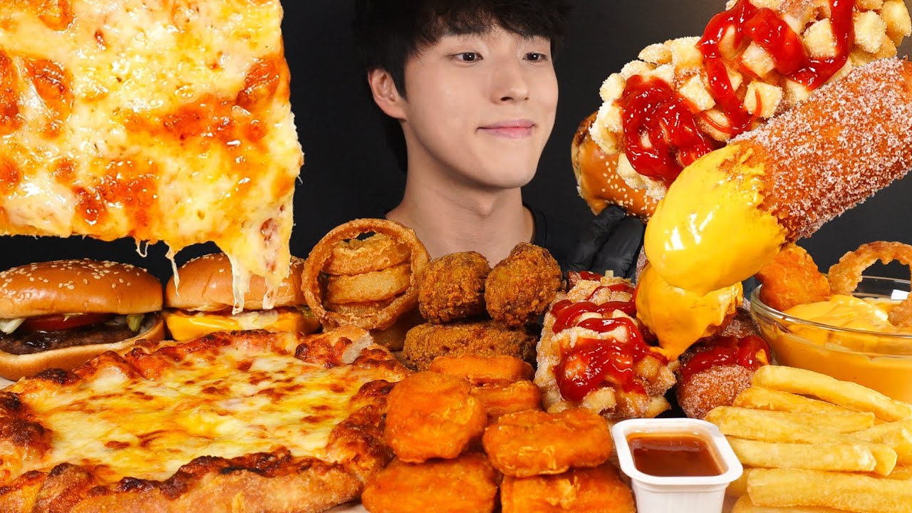 피자 햄버거 감자튀김 명랑핫도그 치킨먹방! PIZZA & BURGER & CORN DOGS & ONION RINGS & FRIES & FRIED CHICKEN MUKBANG