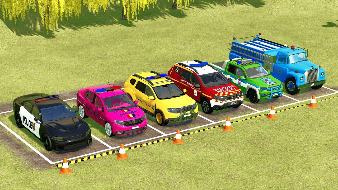 DACIA, FORD, CHEVROLET POLICE CARS & MERCEDES AMBULANCE CAR TRANSPORTING WITH MAN TRUCKS ! FS22
