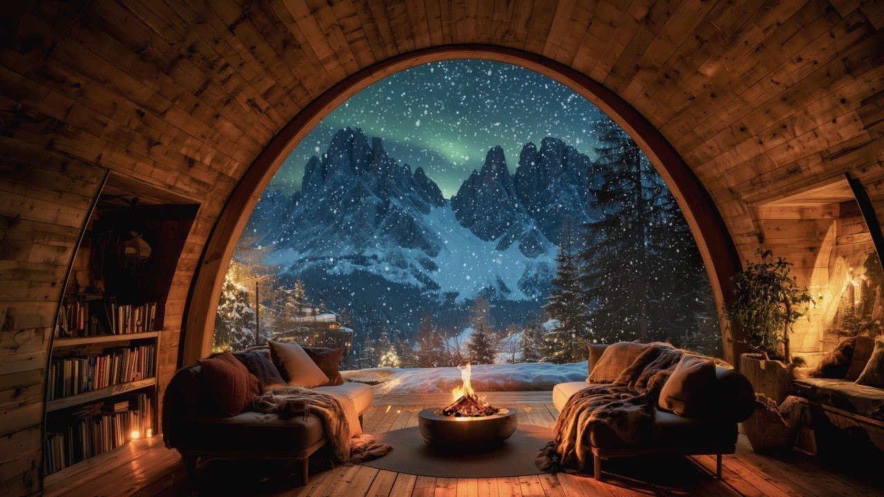 Cozy Winter Cabin Ambience ❄️ Crackling Fire & Snowy Mountain Night | Relaxing Live