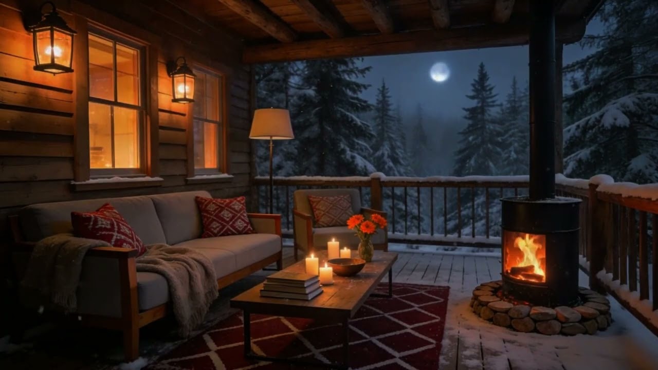 Cozy Cabin with Smooth Instrumetal Jazz Music ☃ Winter Vibes | Crackling Fireplace for Relaxation