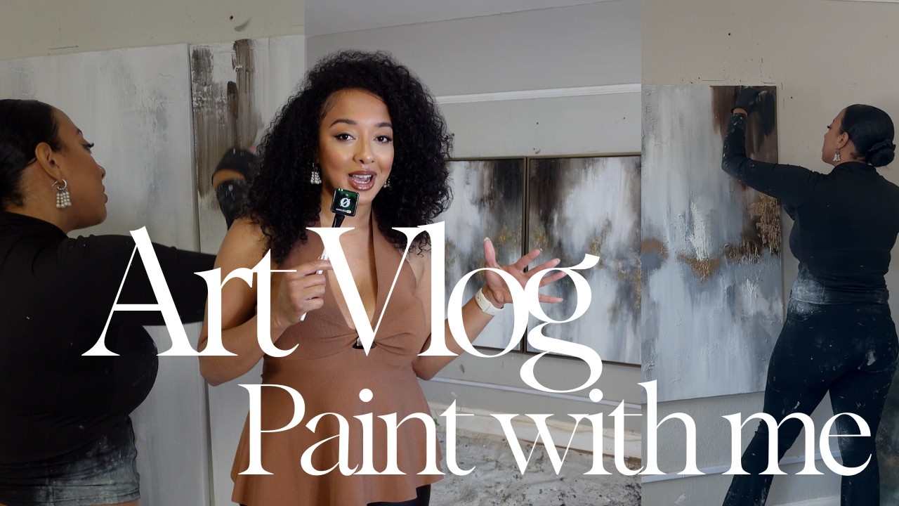 Art Vlog- How I created a Large textured abstract painting💛 Paint with me 🎨 Abstract canvas painting