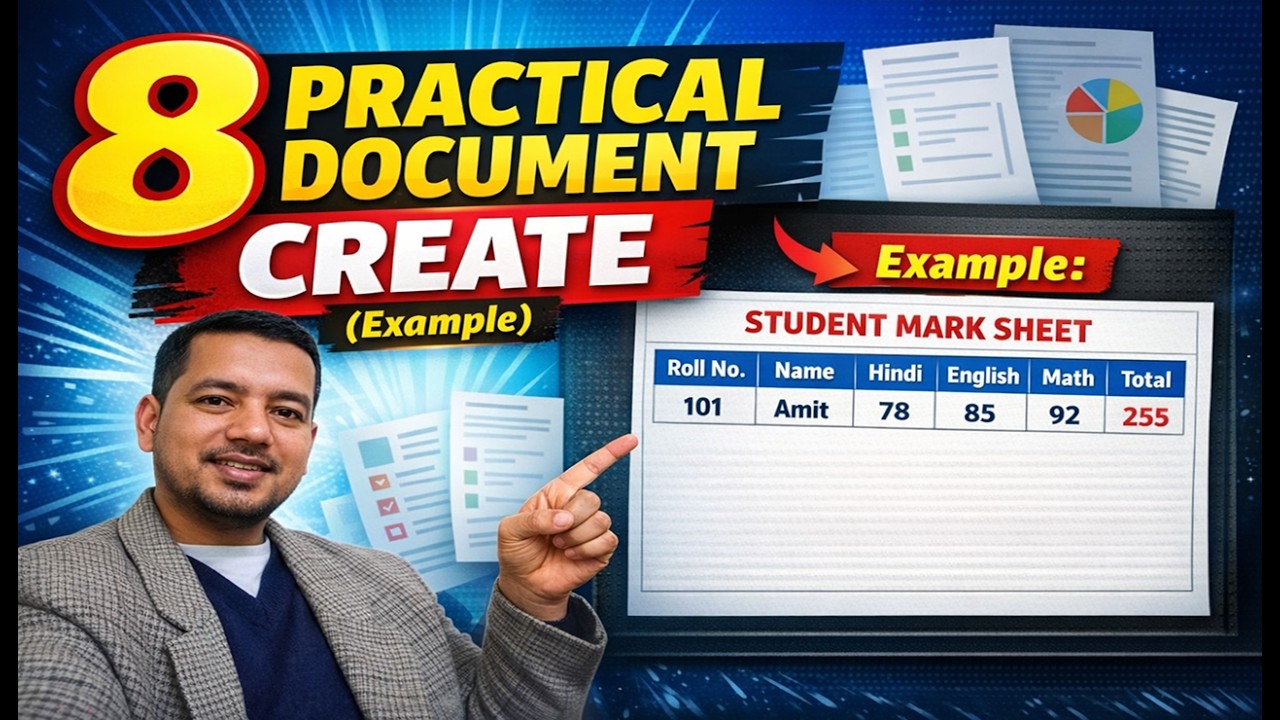 8️Practical Document Create Example Example Student Mark Sheet Roll No Name Hindi English Math Total