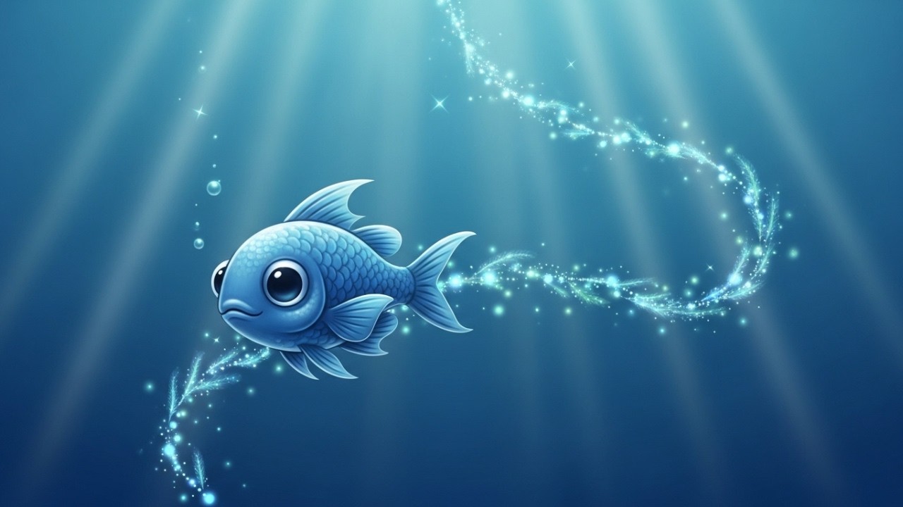 A Small Blue Fish Follows Quiet Sparkling Plankton Trails Underwater