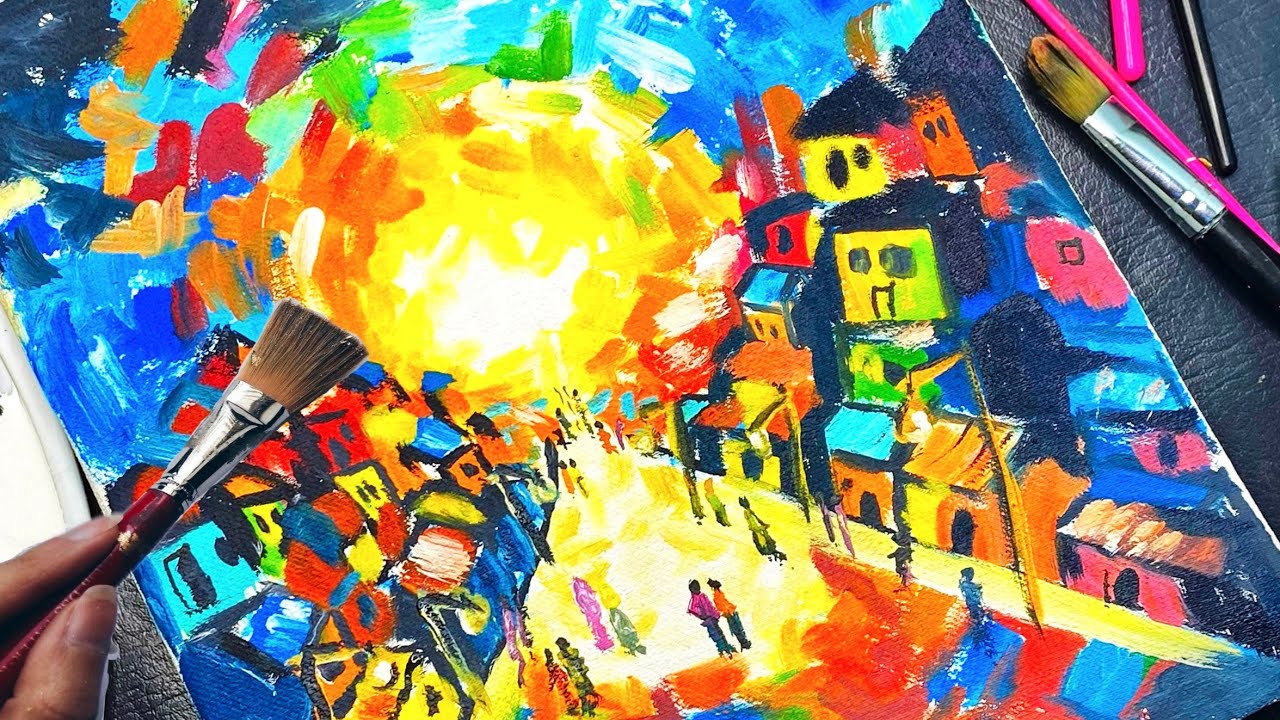 How to Paint Abstract  Colorful Village-Step by Step Tutorial #painting#art#creative #TexturedArt