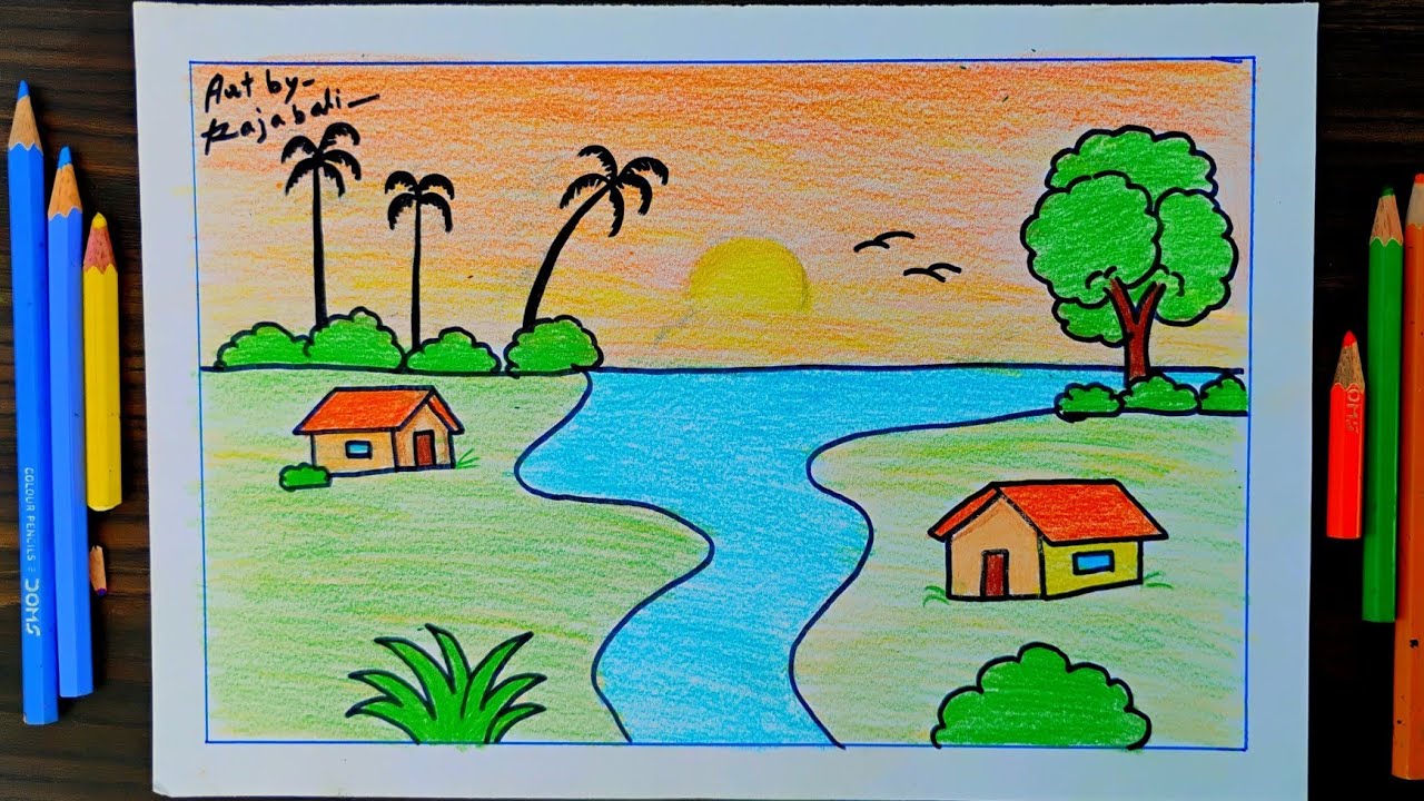 How to draw a easy Scenery||Scenery drawing for kids||village Scenery 