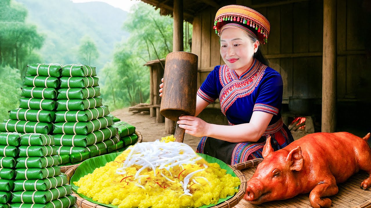 How to cook yellow turmeric sticky rice, harvest bamboo shoots, and catch fish to sell at the market