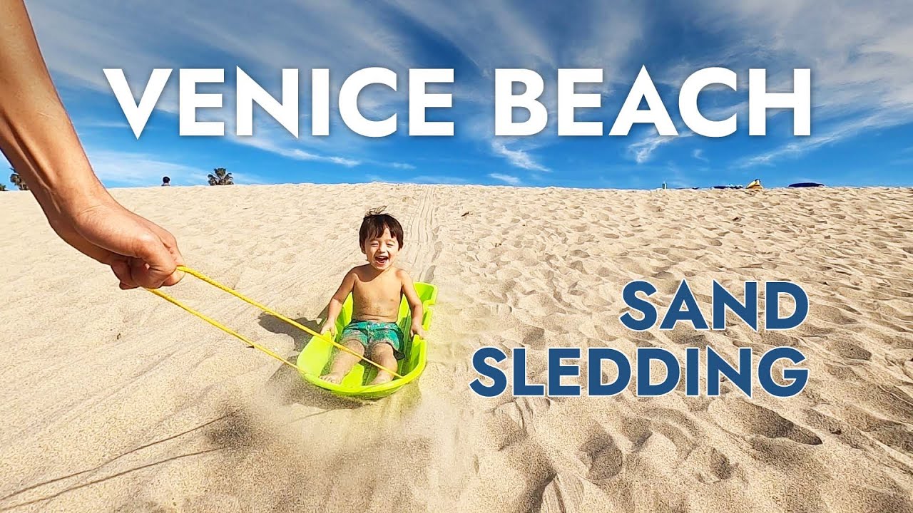 Sledding on Sand Dunes at Venice Beach in Winter with Kids - Los Angeles, CA
